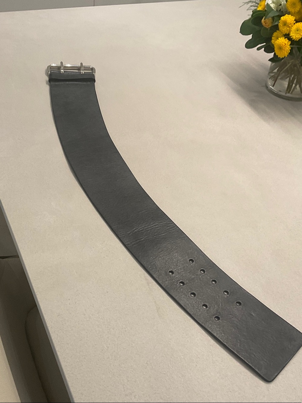 Barneys New York Wide Black Leather Belt with Silver Buckle